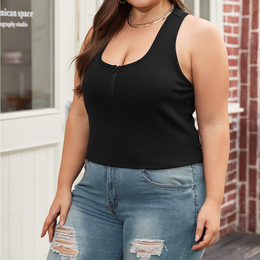 Plus Size Black Zipper Front Racerback Ribbed Tank Top - Picture 5 of 6